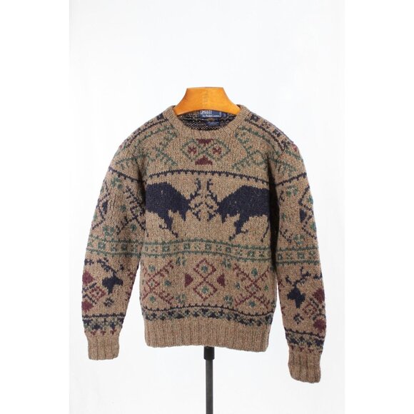 POLO RALPH LAUREN Brown Reindeer Deer Wool Hand Knit Crew Neck Sweater, Size S - Picture 1 of 10